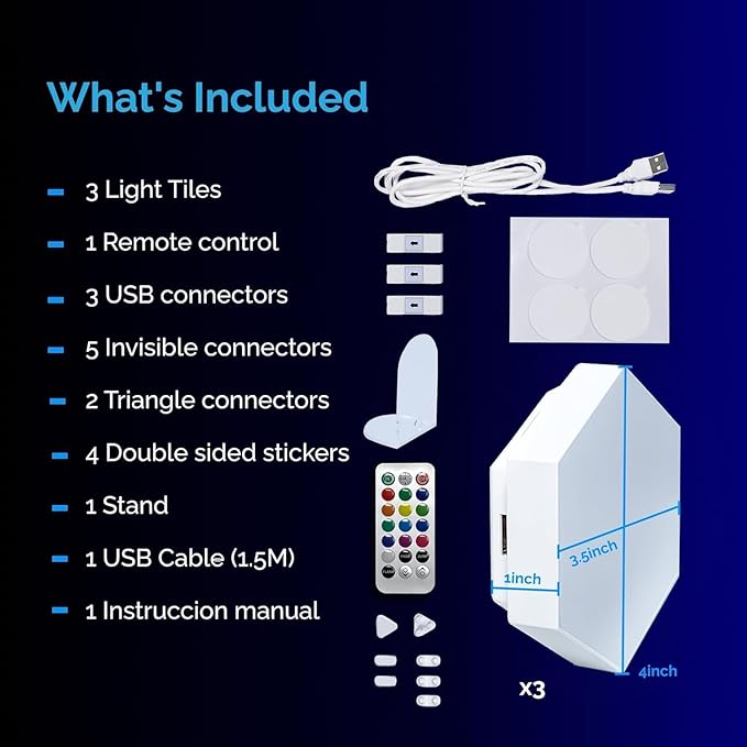 Emberela HEXlights Sensory Lights for Kids - 3pk Touch Hexagon Lights, Remote Controlled Light Tiles - Autism-Friendly Tap Tap Wall Lights for Sensory Room - Table Stand Included