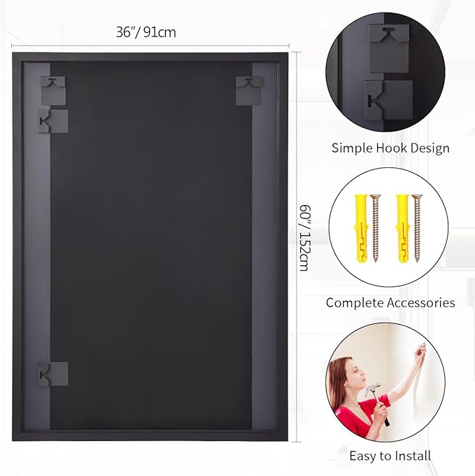 Koonmi Black Mirrors for Wall, 36x60 Inch Bathroom Mirror, Rectangular Wall Mirror for Living Room Bedroom Bathroom, Hangs Horizontally or Vertically