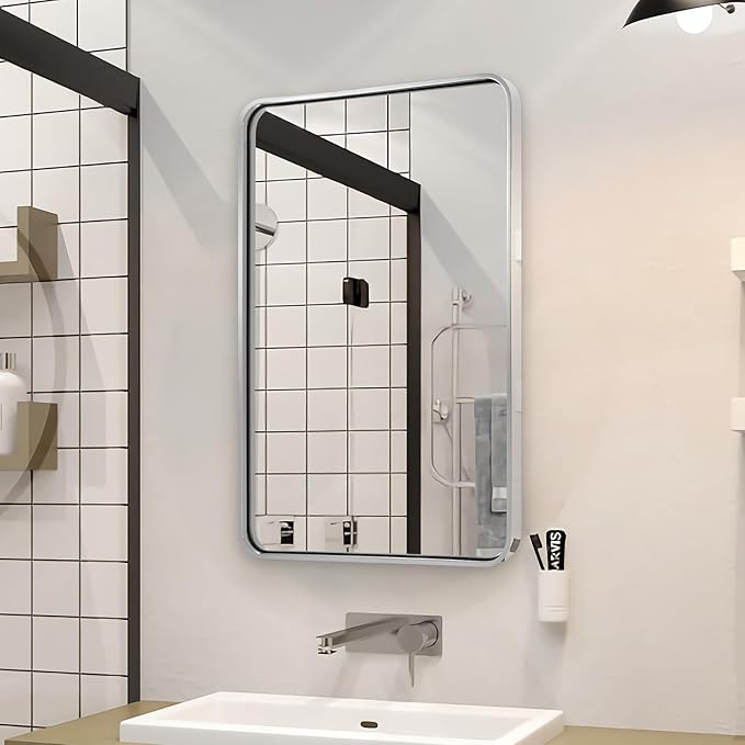 ANDY STAR 28x36 INCH Chrome Bathroom Mirrors, Polished Chrome Bathroom Mirror, Rounded Rectangle Mirror, Anti-Rust SUS304, Tube Metal Frame, 1’’ Deep Wall Mounted Vertically/Horizontal for Bathroom