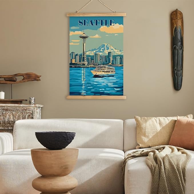 WREVERW Vintage Seattle Poster Canvas Print with Wooden Hanger Frame, Space Needle and Mount Rainier Skyline Decor for Home and Office Wall Art Decor, 16x23 Inches