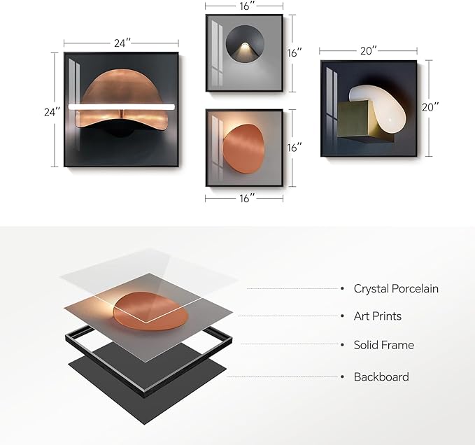 Large Framed Modern Abstract Wall Art for Bedroom, Set of 4 Piece Black Orange and Gray Luxury Bright Style Artworks, Minimalist Geometric Painting Prints Decor for Living Room Dining Room Hallway