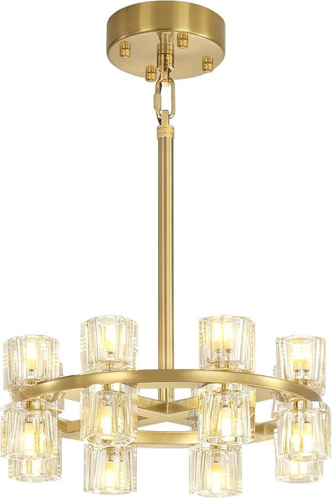 D16 Small Wagon Wheel Chandeliers 16-Lights Gold Round Chandelier Pendant Light for Kitchen Island Crystal Chandeliers for Dining Room,Living Room