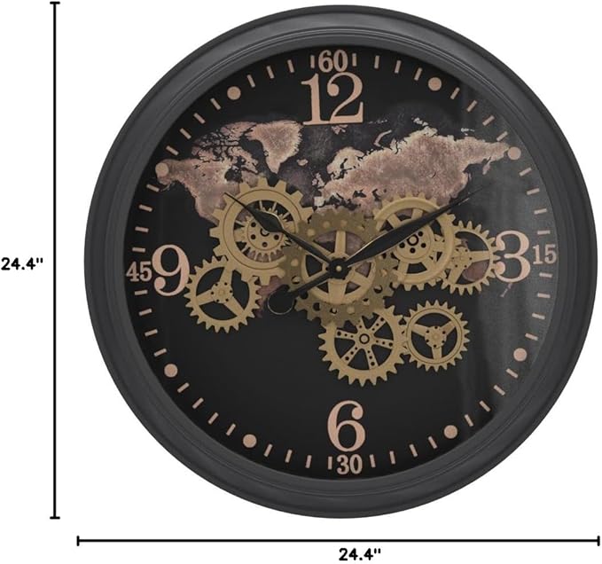 CLXEAST 24 Inch Moving Gear Wall Clock with World Map Pattern,Large Black Gold Metal Wall Clock for Modern Farmhouse Living Room Decor,Reloj De Pared para Sala