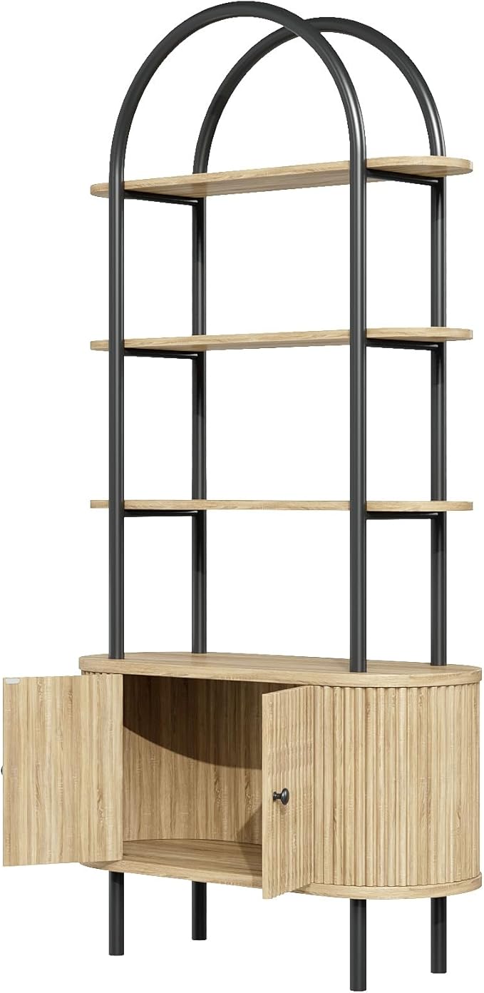 71" Tall Bookshelf, Bookcase, 4-Tier Book Shelf with Storage Cabinet, Curved Metal Frame Bookcase, Freestanding Industrial Storage Display Shelving for Living Room Office Bedroom, Natural