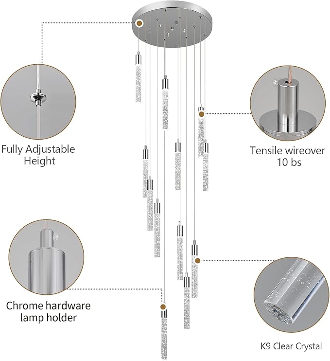 12 Light Living Room Chandelier Chrome Crystal Pendant Lights LED Dimmable 72W 6000K Staircase Large Chandelier Lobby Living Room Foyer High Ceiling Chandeliers
