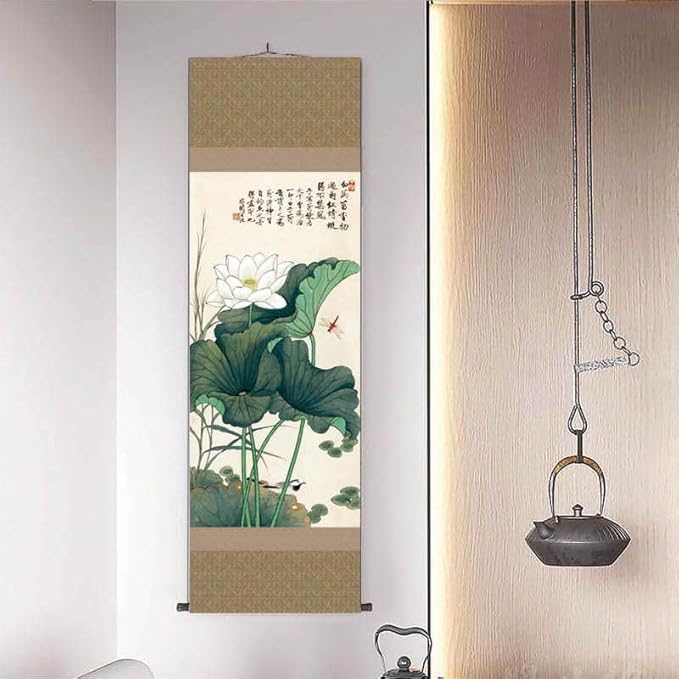 Chinese Flower Painting Decor, Asian Decor for Home Silk Scroll Painting,Chinese Vertical Wall Art,Oriental Wall Art,Japanese scroll wall art,Hanging Paintings for Living Room Bedroom (Lotus)