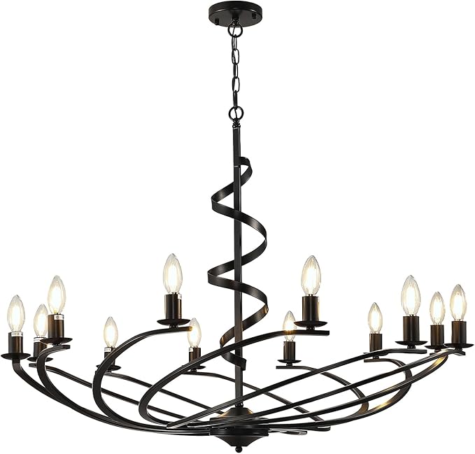 Black Chandelier, 12-Light Farmhouse Chandeliers for Dining Room, Rustic Kitchen Island Lighting, Modern Chandelier for Living Room, Hanging Pendant Lights for Bedroom, Foyer, Staircase, Entry