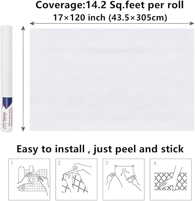 Arthome Peel and Stick Wallpaper - White Wood Contact Paper - White Wallpaper - Self-Adhesive, Removable and Waterproof for Cabinet, Countertop (17"x120")