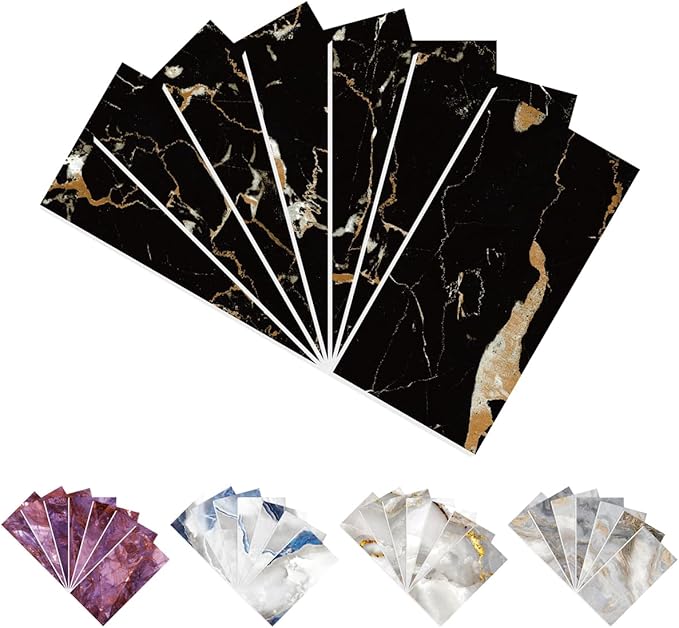 16-Pack Peel and Stick Backsplash Marble Wall Tiles, Waterproof 4" x 8" Glossy Imitation Black Gold Marble, PVC Shower Wall Panels for Interior Wall Decor; Tile for Kitchen, Bathroom, and Fireplace