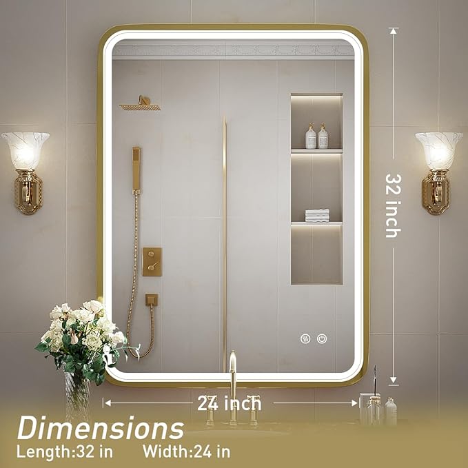 24X32 Inch LED Bathroom Mirror with Lights,Gold Framed Wall Mounted Lighted Vanity Mirrors,Anti Fog Design&Dimmable&Touch Switch,Light up Mirror (Horizontal/Vertical)