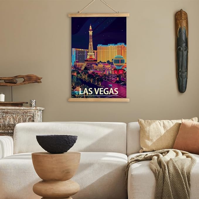WREVERW Vintage Las Vegas Poster Canvas Print with Wooden Hanger Frame, Iconic Night Skyline Featuring Paris Hotel and Eiffel Tower, Wall Art for Home and Office Decor, 16x23 inches
