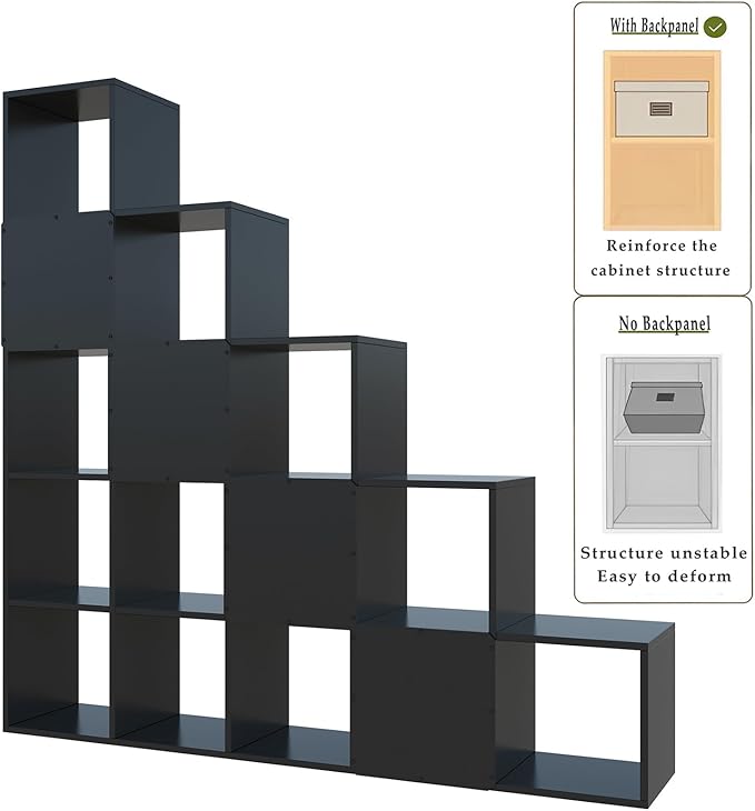 Ladder Cube Storage Bookcase - Wooden L-Shaped 5-Tier Corner Shelf, Reversible 15-Cube Organizer for Home & Office, Black