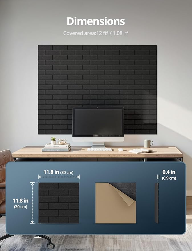 Acoustic Wall Panels, Brick Pattern Peel and Stick Sound Absorbing Panel for Ceiling, Door, Pared, 18 Pack 12"x12"x0.4", Black Decorative Self Adhesive Wall Tiles for Recording Studio, Room