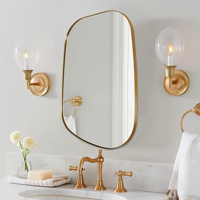 ANDY STAR Gold Bathroom Mirror, 24"x32" Brushed Brass Asymmetrical Wall Mirror in Stainless Steel Metal Frame, Unique Vanity Mirror with Modern Curved Design, Ideal for Bathroom, Bedroom, Entryway