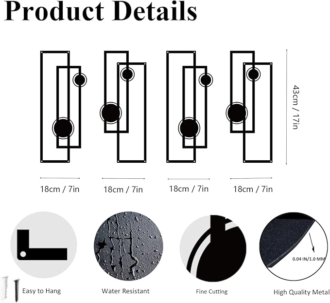 DUOOLN 4 Pcs Black Abstract Metal Wall Art, Minimalist Décor Single Line Art Wall Décor, 3D Textured Modern Geometrical Metal Wall Sculptures, for Living Room Bedroom Bathroom Study Room Home Decor