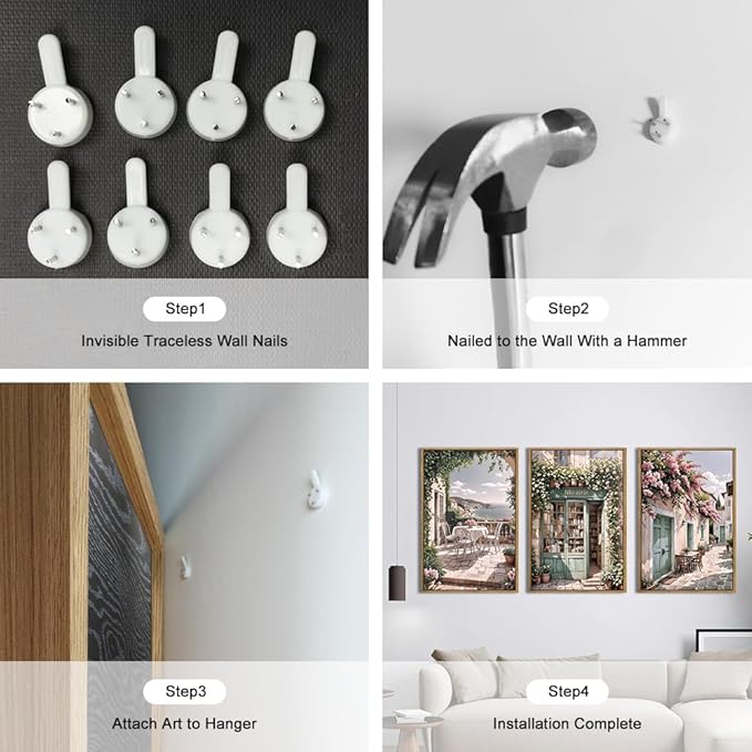 Modern French Flower Street Framed Canvas Wall Art Set,Romantic Green Landscape Wall Decor,Vintage Mediterranean Bookstore Neutral Coast Cityscape Artwork for Living Room, Bedroom-16 x24 x3