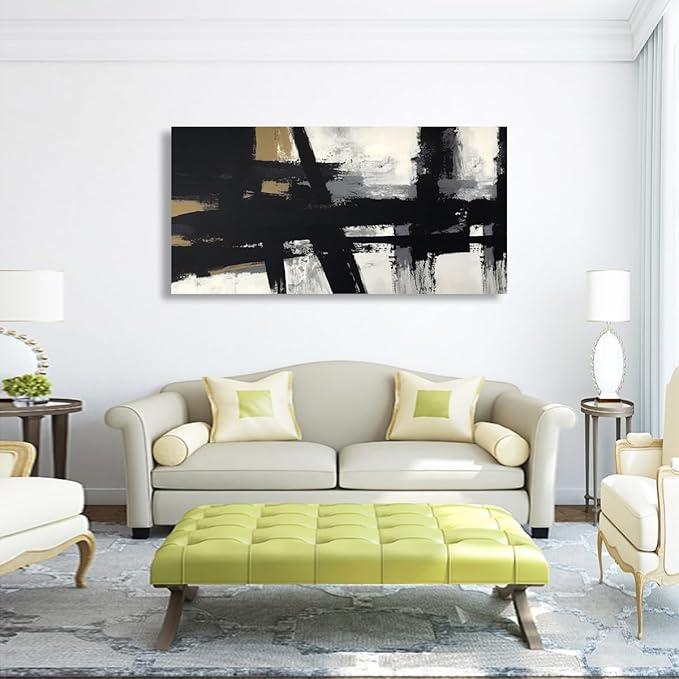 Black and White Abstract Pictures Canvas Wall Art for Living room Office Bedroom Wall Decor,Abstract Wall Art Print Paintings Modern Black Yellow Artwork Waterproof Ready to Hang-28X57 inch