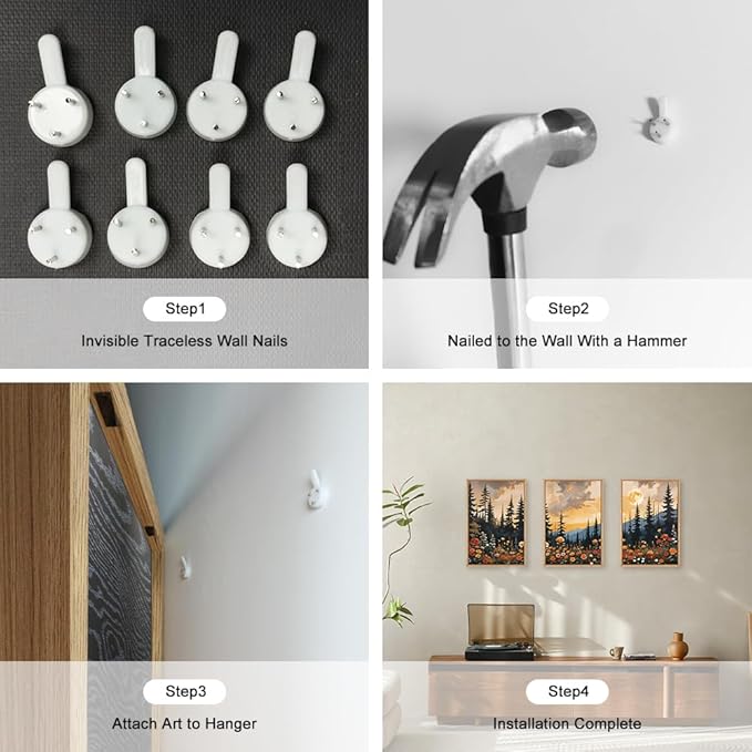 KAIRNE Mountain Forest Landscape Framed Wall Art Set of 3, Nature Full Moon Pine Tree Scenery Wall Decor, Vintage Boho Sunset Flowers for Living Room Bedroom Office - 16×24inch