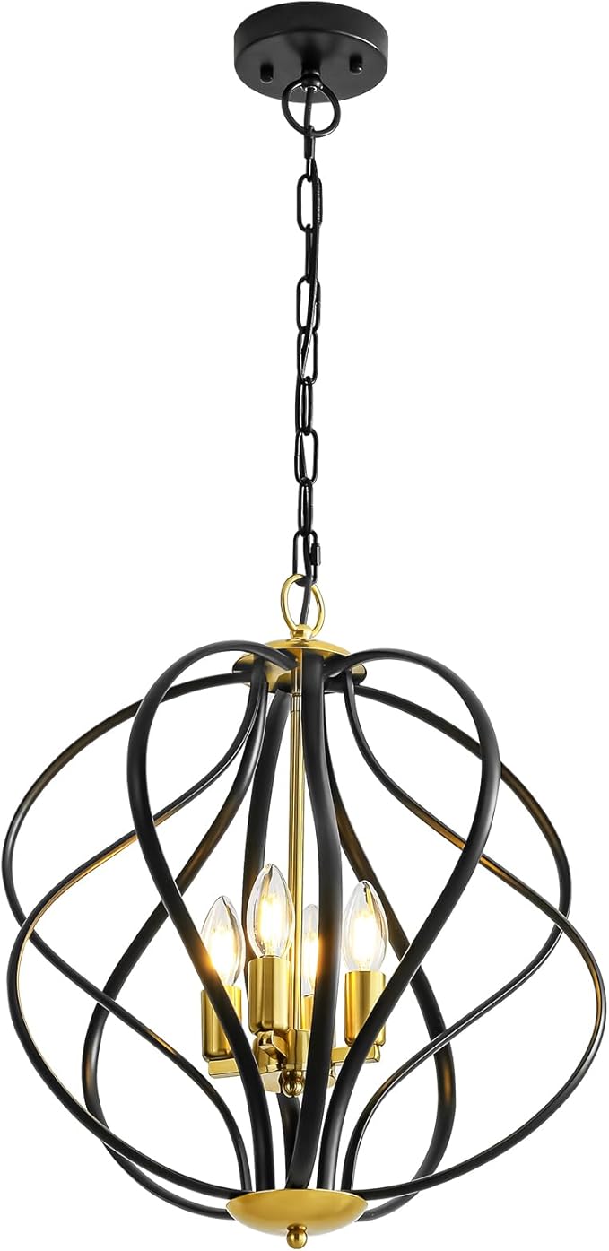 17” Modern Black and Gold Chandelier for Dining Room - 4-Light Industrial Sphere Pendant Light, Hanging Geometric Chandelier for Kitchen, Entryway, Foyer, Stairs