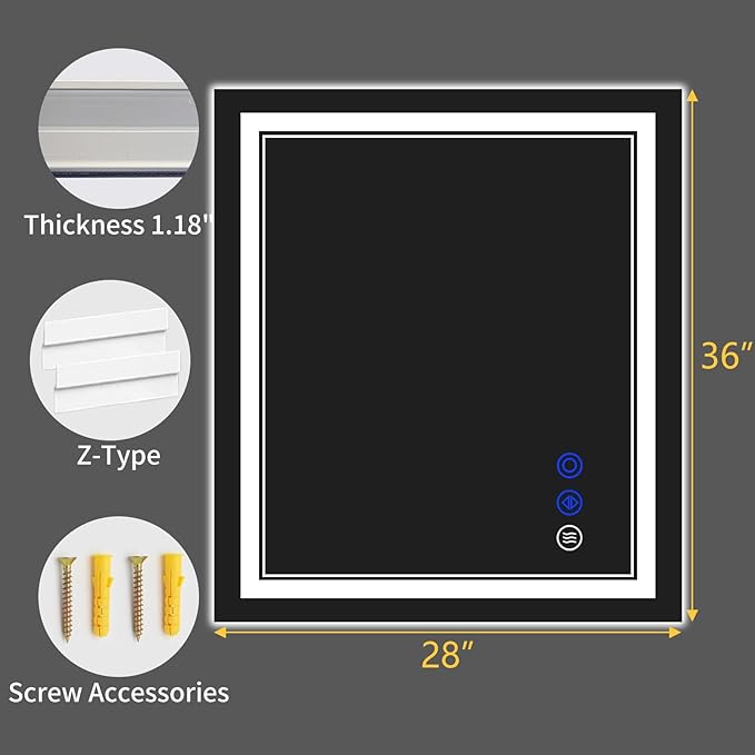 36"x28" LED Bathroom Mirror with Anti-Fog, Stepless Dimmable Lights, 3 Color Modes, Shatter-Proof Tempered Glass, Memory Function & Waterproof Design