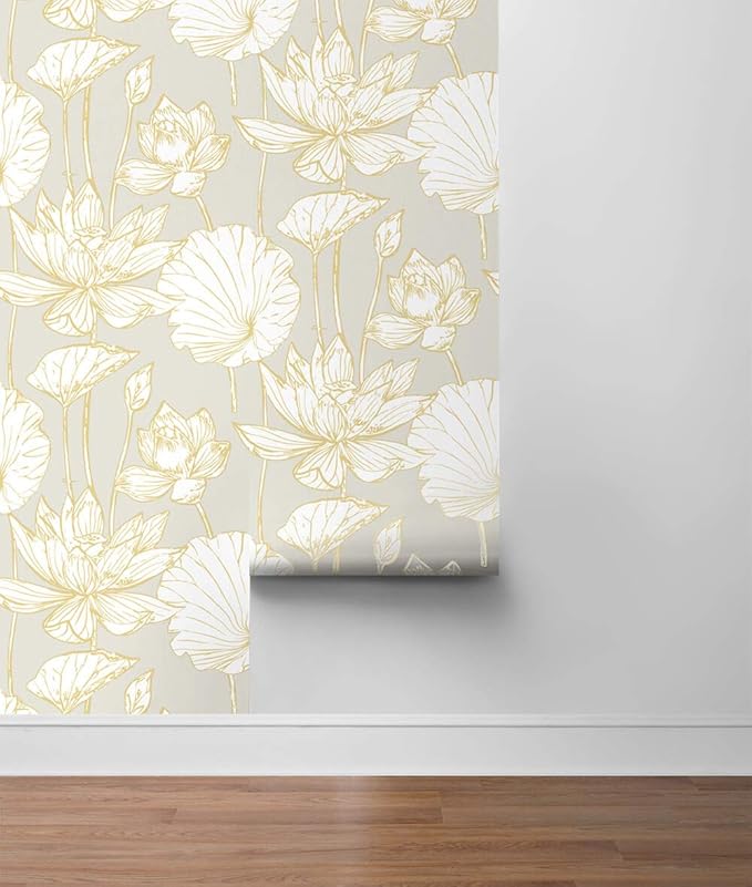 NextWall Lotus Floral Peel and Stick Wallpaper (Metallic Gold & Gray)