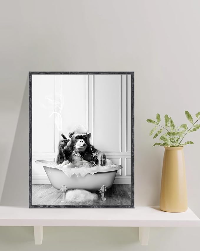 KBKBART Framed Canvas Wall Art, 12x16 Inch Funny Canvas Chimpanzee in Bathtub Bathroom Picture, Black and White Bathroom Wall Art Decor, Cute Humor Animals Wall Decor Signs