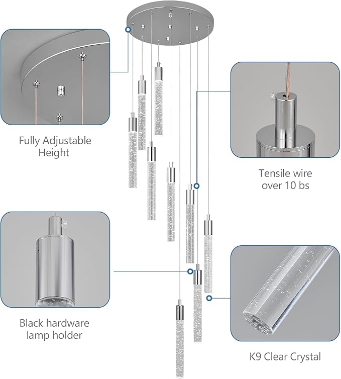 9 Light Living Room Chandelier Chrome Crystal Pendant Lights LED Dimmable 54W 6000K Staircase Large Chandelier Lobby Living Room Foyer High Ceiling Chandeliers