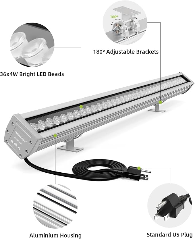 LED Wall Washer Light with RF Remote, 144W RGBW Color Changing Linear Bar Light, AC120V Waterproof RGB CCT Wall Washing Lamp for Outdoor and Indoor Lighting Projects, Plug & Play