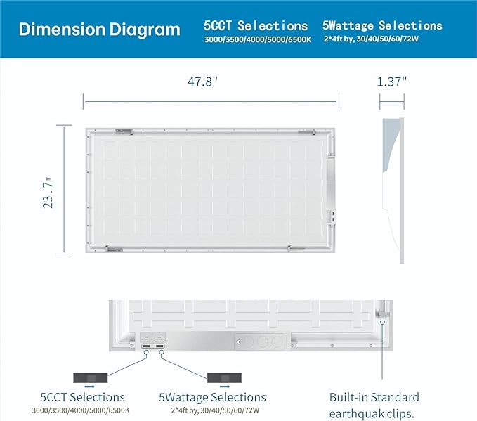 2x4 FT LED Light Flat Panel, 30-72W, 5 CCT 3K | 3.5K | 4K | 5K | 6.5K, Dimmable Recessed Drop Ceiling Lights, 3750/5000/6250/7500/9000 Lumens, Lay in Fixture for Office, 120-277V, ETL DLC (8 Pack)