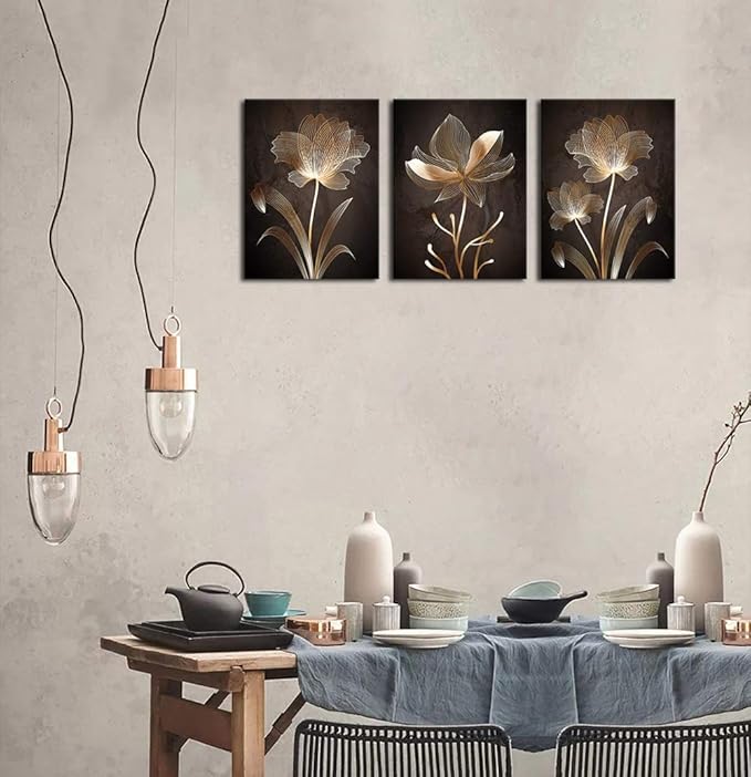 Abstract Wall Art Brown Flowers Canvas Pictures Contemporary Minimalism Abstract Flower Artwork for Bedroom Bathroom Living Room Wall Decor 12" x 16" x 3 Pieces