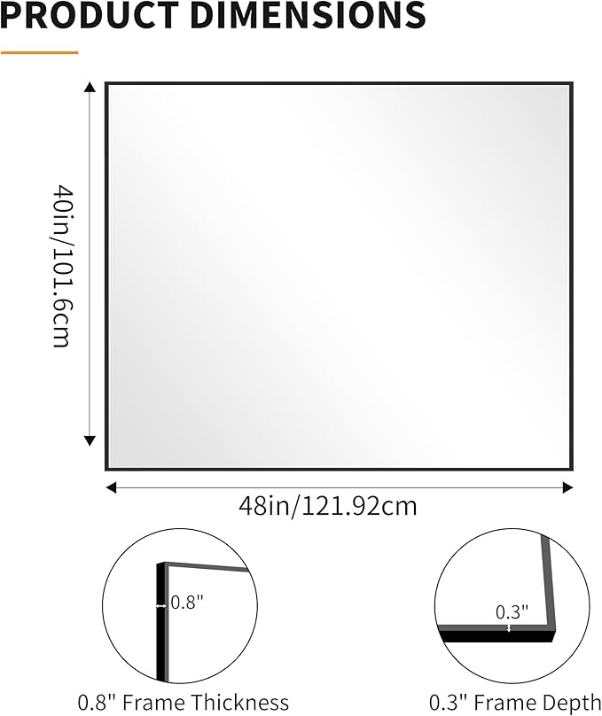 KOCUUY Black Bathroom Mirror, 40"x48" Large Rectangular Mirror with Metal Frame, Black Vanity Mirror with Modern Design for Bathroom, Living Room, Entryway, Hang Horizontal/Vertical