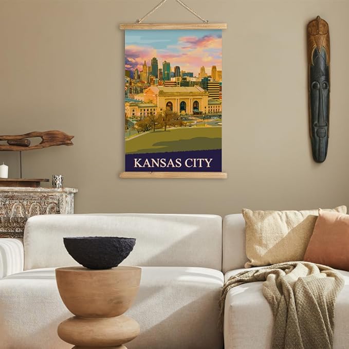 WREVERW Vintage Kansas City Poster Canvas Print with Wooden Hanger Frame, Featuring Union Station and City Skyline, Wall Art for Home and Office Decor, 16x23 inches