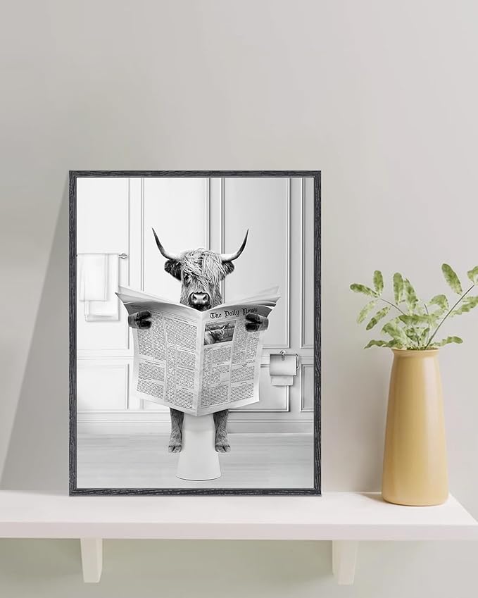KBKBART Framed Highland Cow Bathroom Art, 12x16 Inch Canvas Cow in Bathtub, Black and White Wall Art, Cute Humor Animal Bathroom Decor