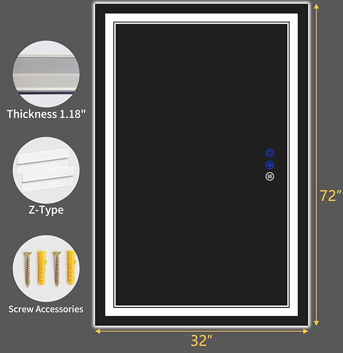 72"x32" LED Bathroom Mirror with Anti-Fog, Stepless Dimmable Lights, 3 Color Modes, Shatter-Proof Tempered Glass, Memory Function & Waterproof Design