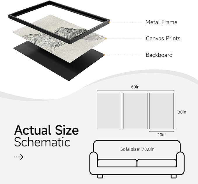 Large Framed Neutral Modern Abstract Wall Art, 3 Piece Black and Beige Canvas Prints Paintings Artwork for Walls, Minimalist Line Pictures for Living Room Hallway Office Wall Decor -Total 30x60 Inch