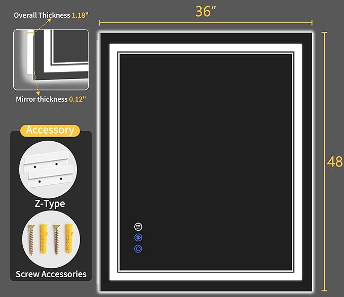 36"x48" LED Bathroom Mirror with Lights, Anti-Fog, Backlit + Front Lit, Dimmable, Led Vanity Mirror for Wall, Lighted Bathroom Mirror, 3 Colors, Shatter-Proof Tempered Glass