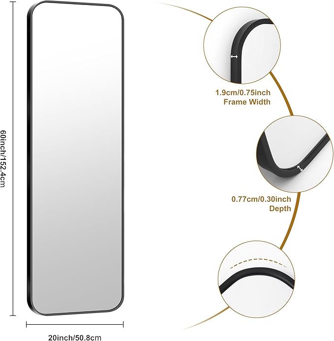 KOCUUY Black Bathroom Mirror 60"x20", Large Vanity Mirror with Rounded Corner, Metal Black Frame with Mordern Design for Bathroom, Living Room, Entryway, Hang Horizontal/Vertical