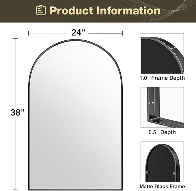Brightify Arched Mirror, Arched Wall Mirror, 24 x 38 Inch Black Arch Mirror, Metal Frame Black Bathroom Mirror, Arched Top Bathroom Vanity Mirror for Living Room Bedroom Mantel Entryway Hallways