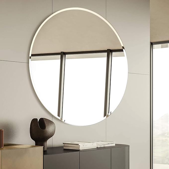 Large Round Mirror Frameless 1" Inch Beveled Wall Mounted Mirror with Safety Backing | Silver Backed Round Glass Mirror for Vanity, Entryways, Bathroom, Living Rooms with Hooks