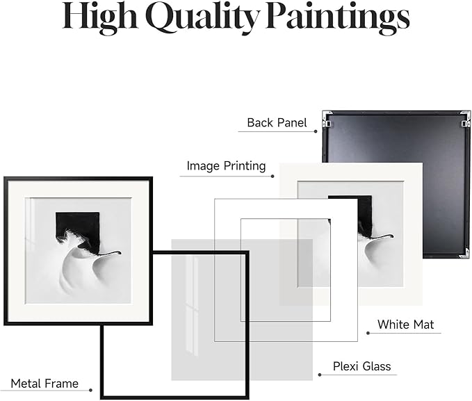 4 Panels Framed Abstract Black and White Wall Art Set, Modern Minimalist Line Print Home Decor, Canvas Pictures Paintings for Living Room Bedroom Bathroom Entryway and Dining Room 12x12 Inches
