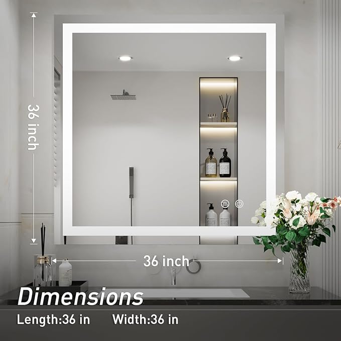 36X36 Inch LED Bathroom Mirror,Vanity Wall Mounted Anti-Fog Mirror,Dimmable Lighted Bathroom Mirror with Lights,Smart Touch Button+Memory Function+CRI90+High Lumen