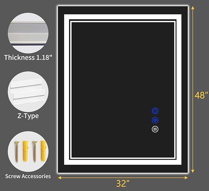 48"x32" LED Bathroom Mirror with Anti-Fog, Stepless Dimmable Lights, 3 Color Modes, Shatter-Proof Tempered Glass, Memory Function & Waterproof Design