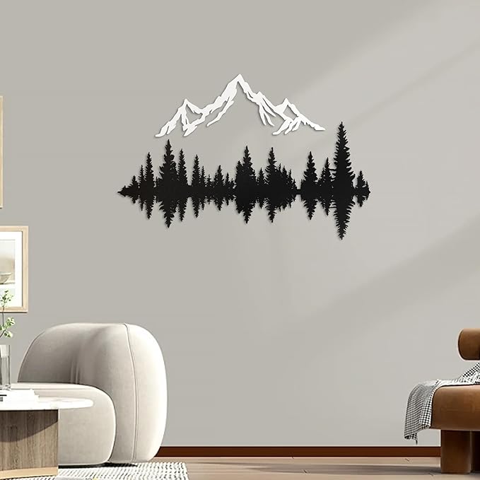 Metal Mountain Wall Art 24" x 20", Mountain Wall Decor, Art Wall Hangings for Living Room, Bedroom, Black and White, 24 Inch Long