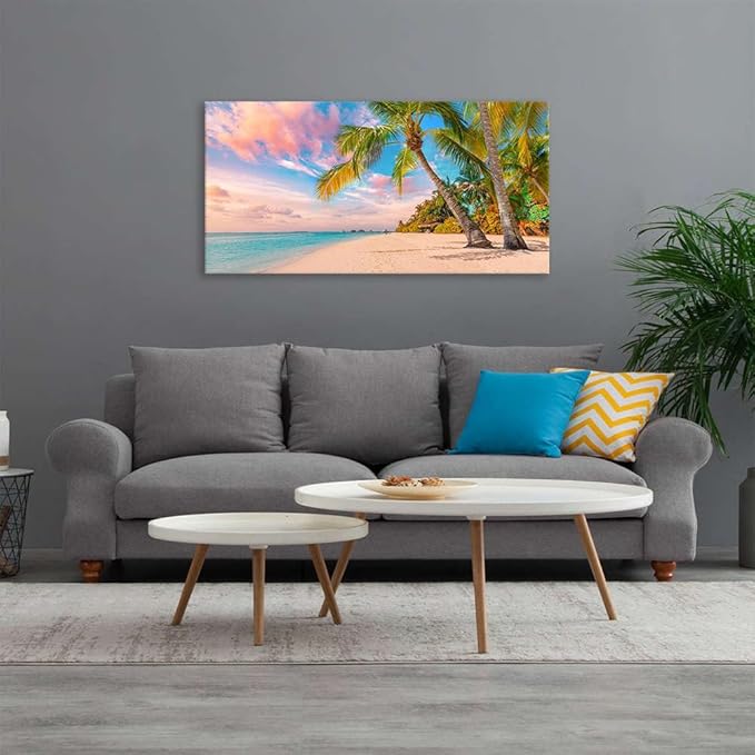 Canvas Wall Art for Bedroom Tropical Palm Tree Wall Art Summer Canvas Ocean Waves Coconut Trees Beach Sunrise Seascape Scenery Painting Nature Picture for Living Room Bathroom Home Office Wall Decor