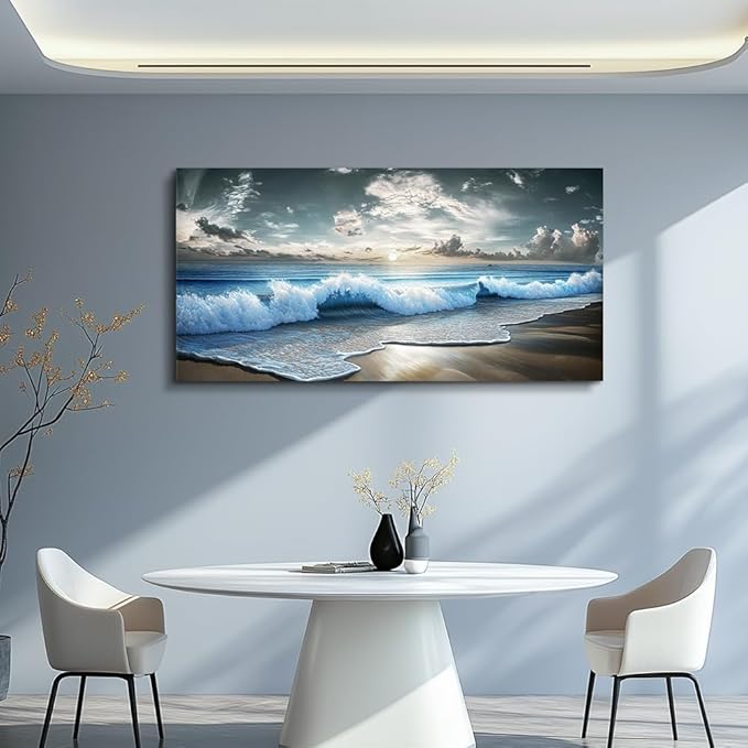 MHARTK66 Blue Ocean Canvas Wall Art Large Paintings For Living Room Landscape Nature Artwork For Walls Wall Decor For Bedroom Beach Pictures Wall Art Modern Office Waves Poster Decorations 24x48