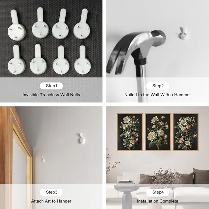 Moody Botanical Floral Framed Canvas Print Wall Art Set,Vintage Retro Dark Black Flowers Wall Decor,Nature Modern Elegant Wildflower Artwork for Living Room,Bedroom-24 x36 x3