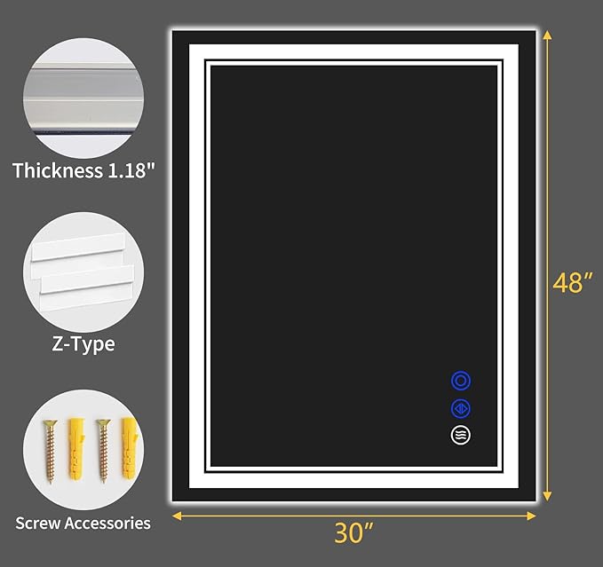 40"x30" LED Bathroom Mirror with Anti-Fog, Stepless Dimmable Lights, 3 Color Modes, Shatter-Proof Tempered Glass, Memory Function & Waterproof Design