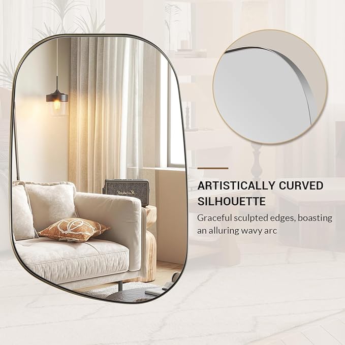 ANDY STAR Chrome Irregular Mirror, 24"x36" Silver Asymmetrical Wall Mirror in Stainless Steel Metal Frame, Unique Vanity Mirror with Modern Curved Design, Ideal for Bathroom, Bedroom, Entryway