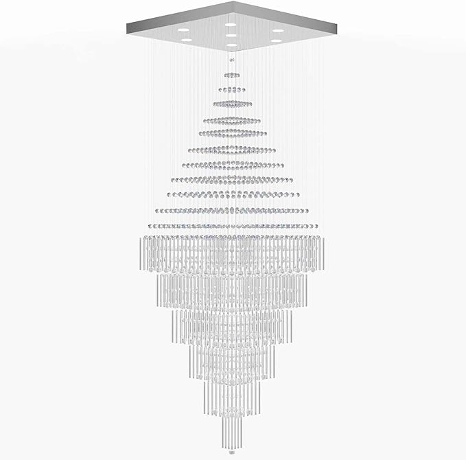 Flashing God D48''X H120'' Large Crystal Chandeliers for High Ceiling Square Crystal Raindrop Chandelier, Foyer Long Lighting Fixtures for Foyer Entryway Villa Silver 