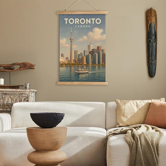 WREVERW Vintage Toronto Canada Wall Art Poster, CN Tower Skyline Canvas Hanging Scroll with Wooden Frame, Travel Decor for Living Room Bedroom Office, 16x23 Inch